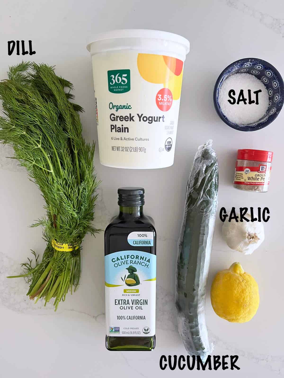 The ingredients needed to make tzatziki sauce.