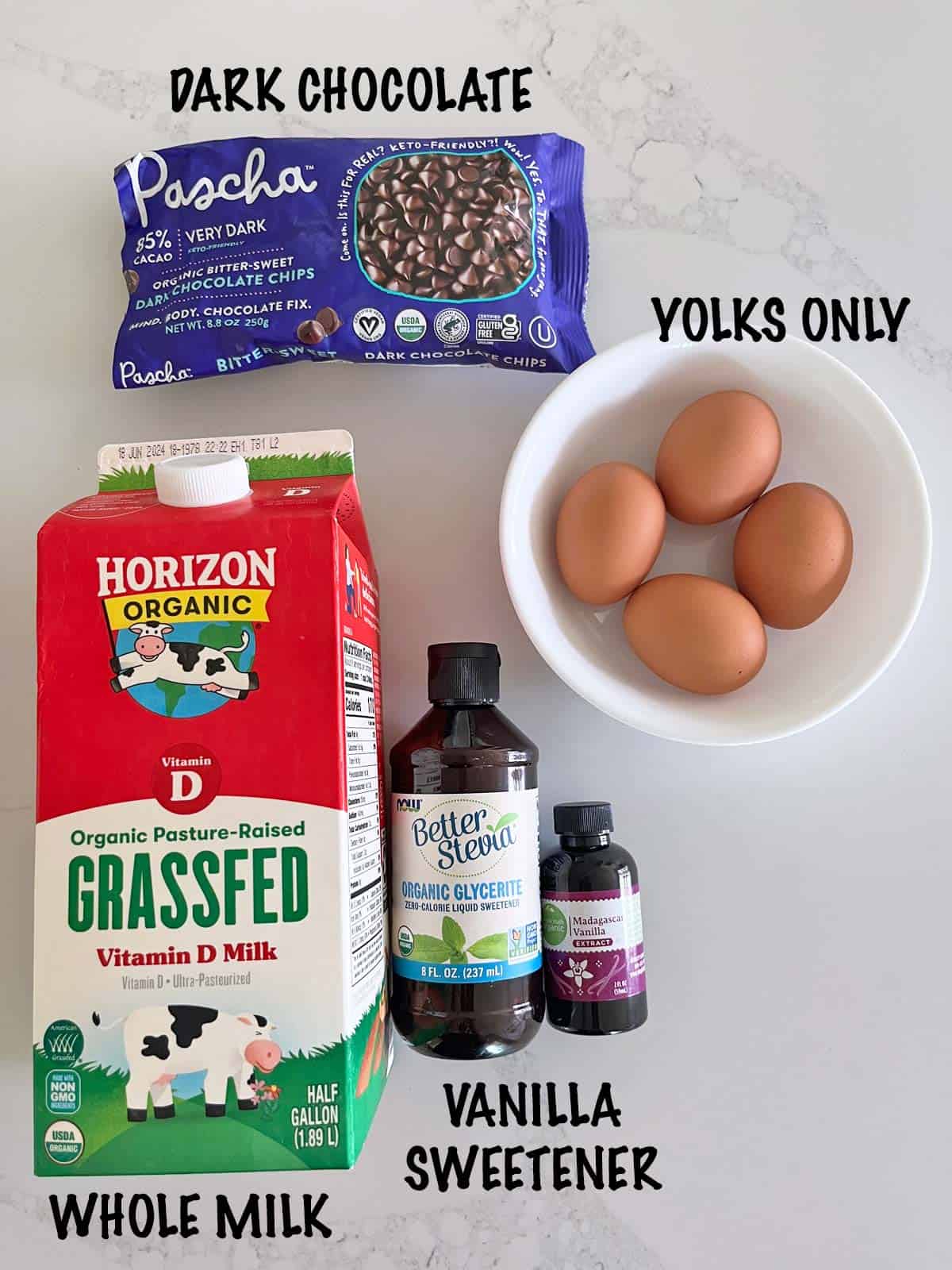 The ingredients needed to make a chocolate custard.