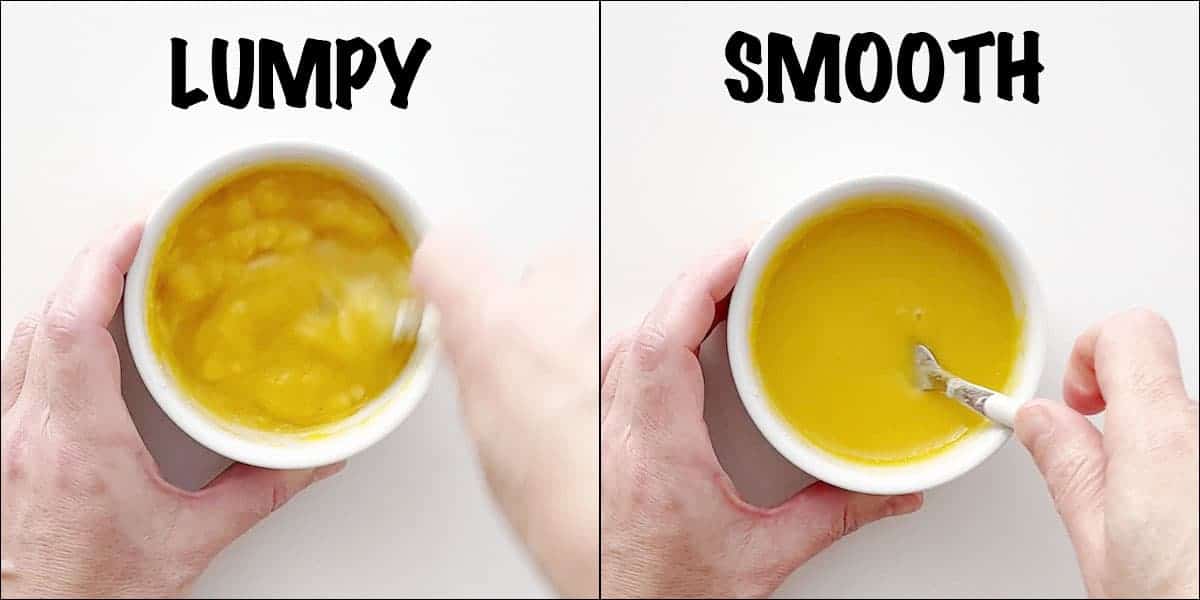 Cake batter turning from lumpy to smooth.