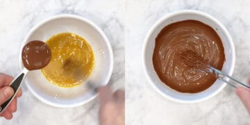 Tempering the eggs.