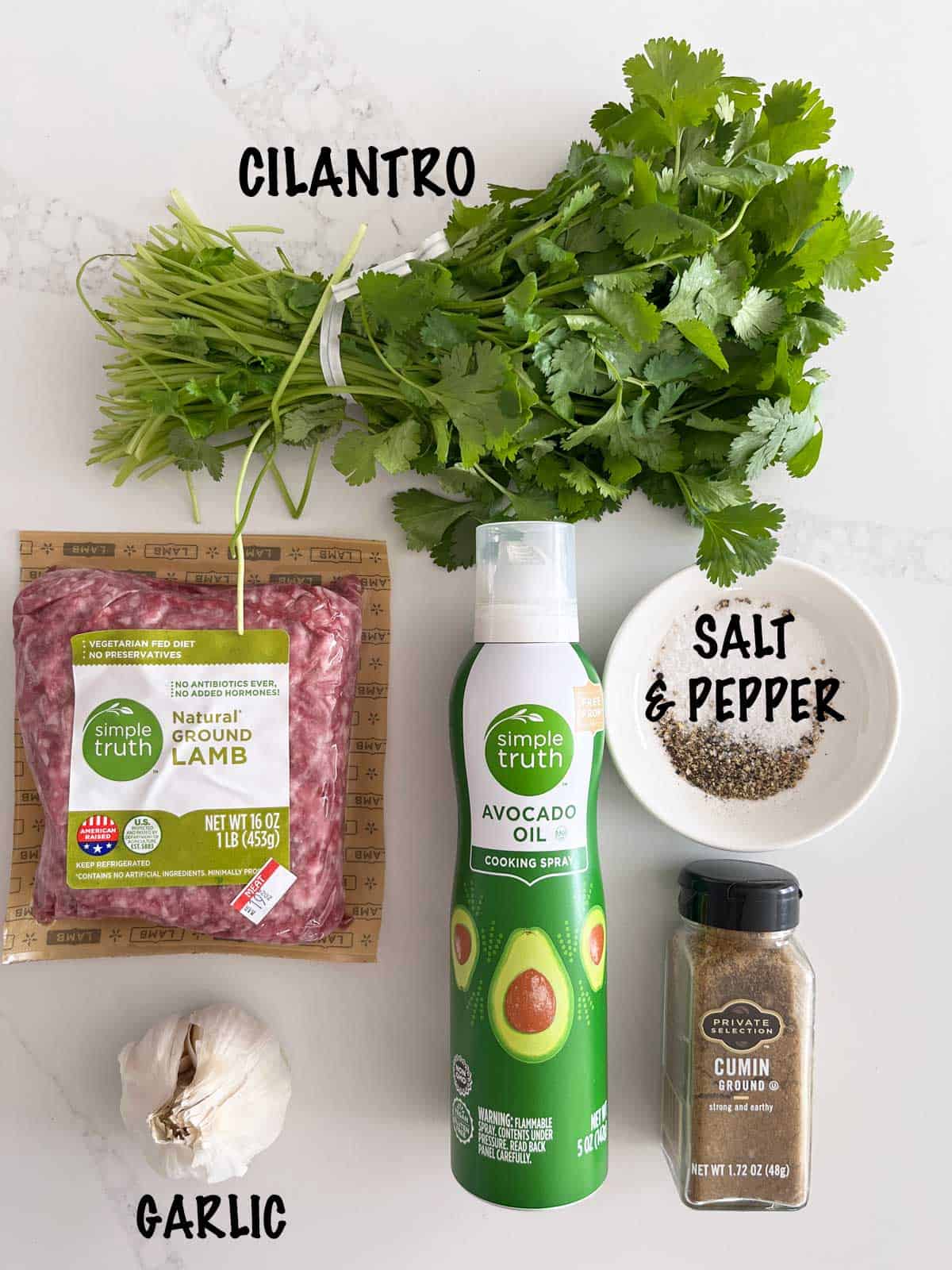 The ingredients needed to make lamb burgers.