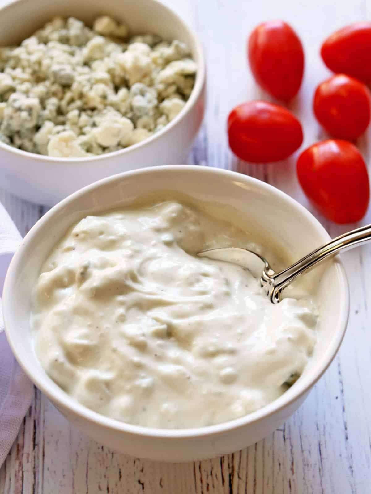 Blue cheese dressing in a bowl.
