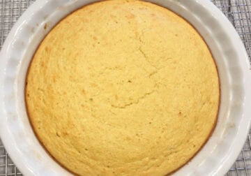 The cake is ready in the pan. It's fully baked.