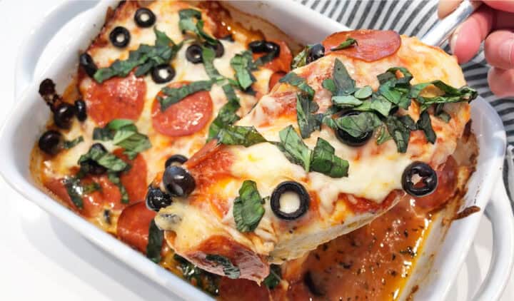 Pizza chicken is served.