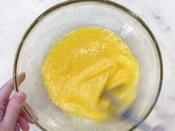 Mixing the liquid ingredients in a bowl.