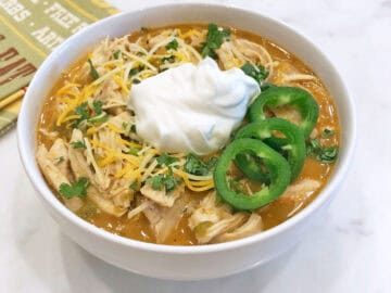 Chicken chili is served in a bowl.