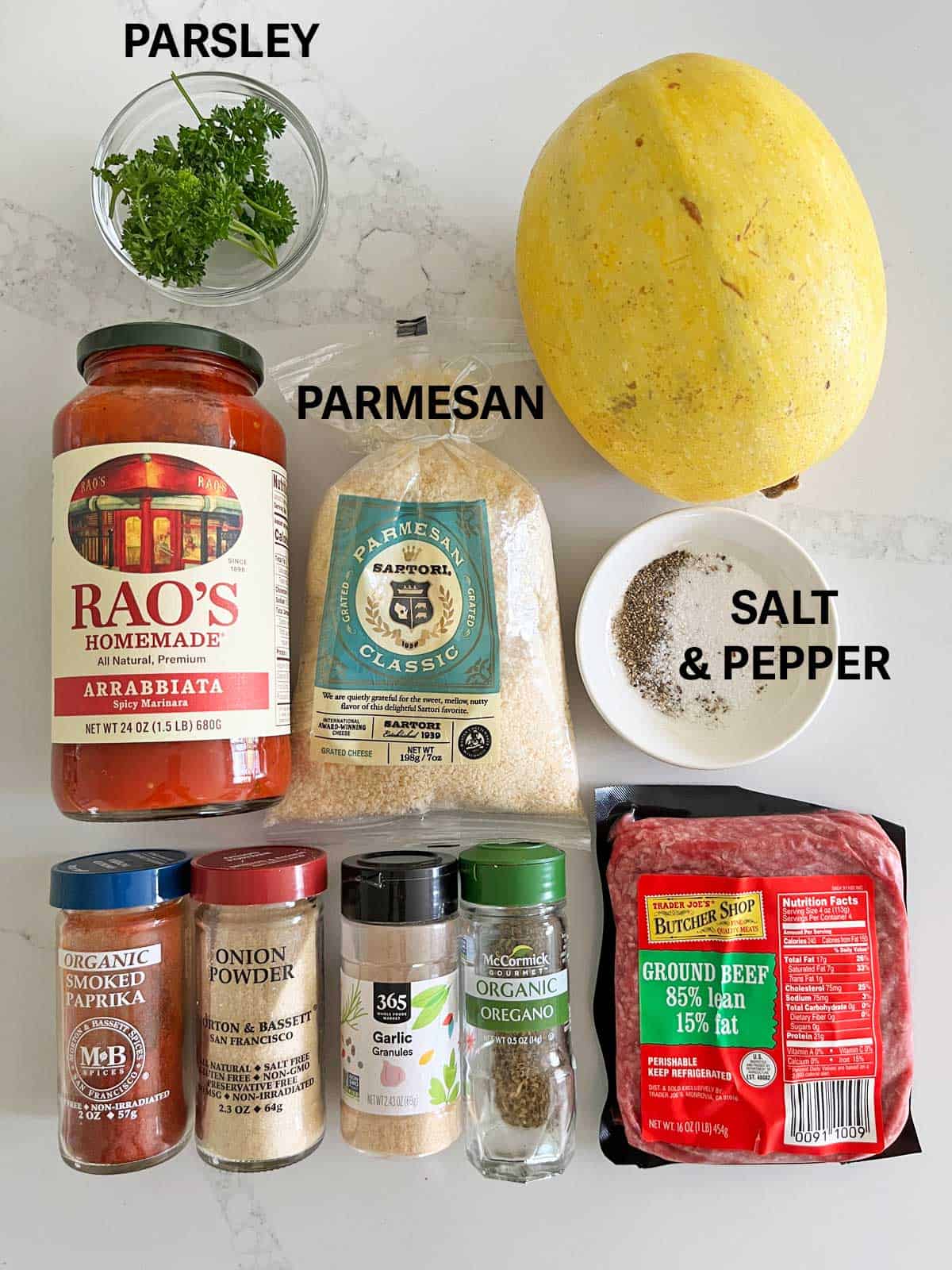 The ingredients needed for spaghetti squash and meatballs.