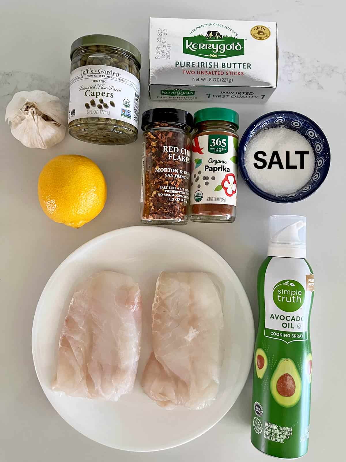 The ingredients needed to bake cod.