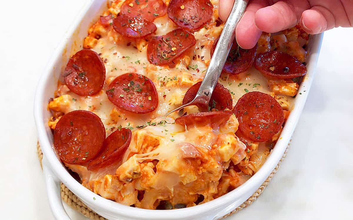 Keto pizza casserole is served.