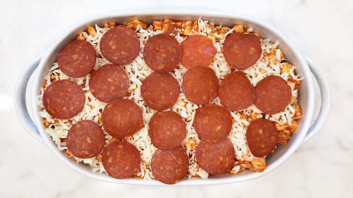 The casserole was topped with cheese and pepperoni before baking.