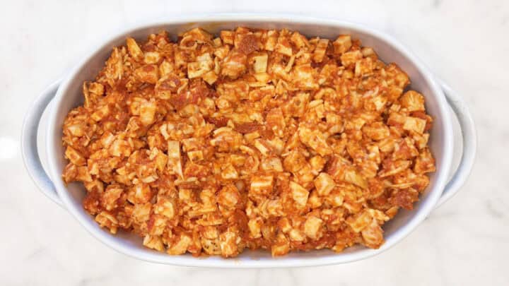 The casserole mixture was transferred to the baking dish.