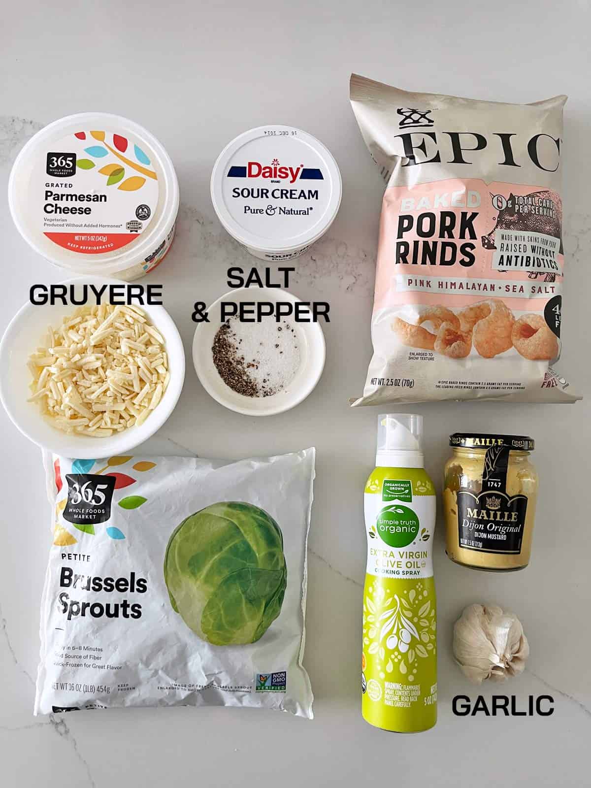 The ingredients needed to make a Brussels sprouts casserole.