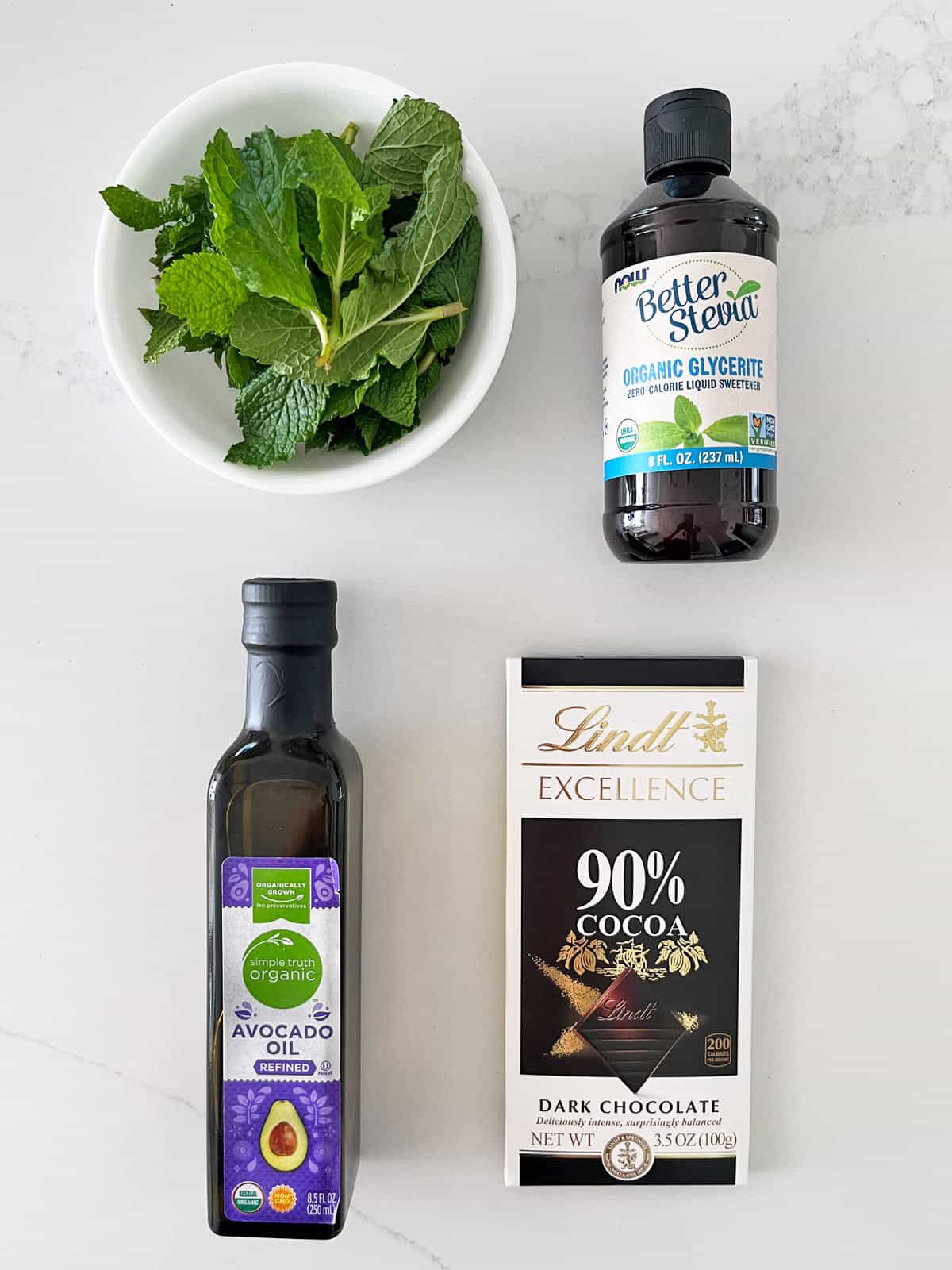The ingredients needed for chocolate mint leaves.