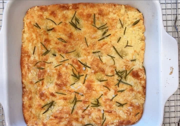 The focaccia is ready in the pan.