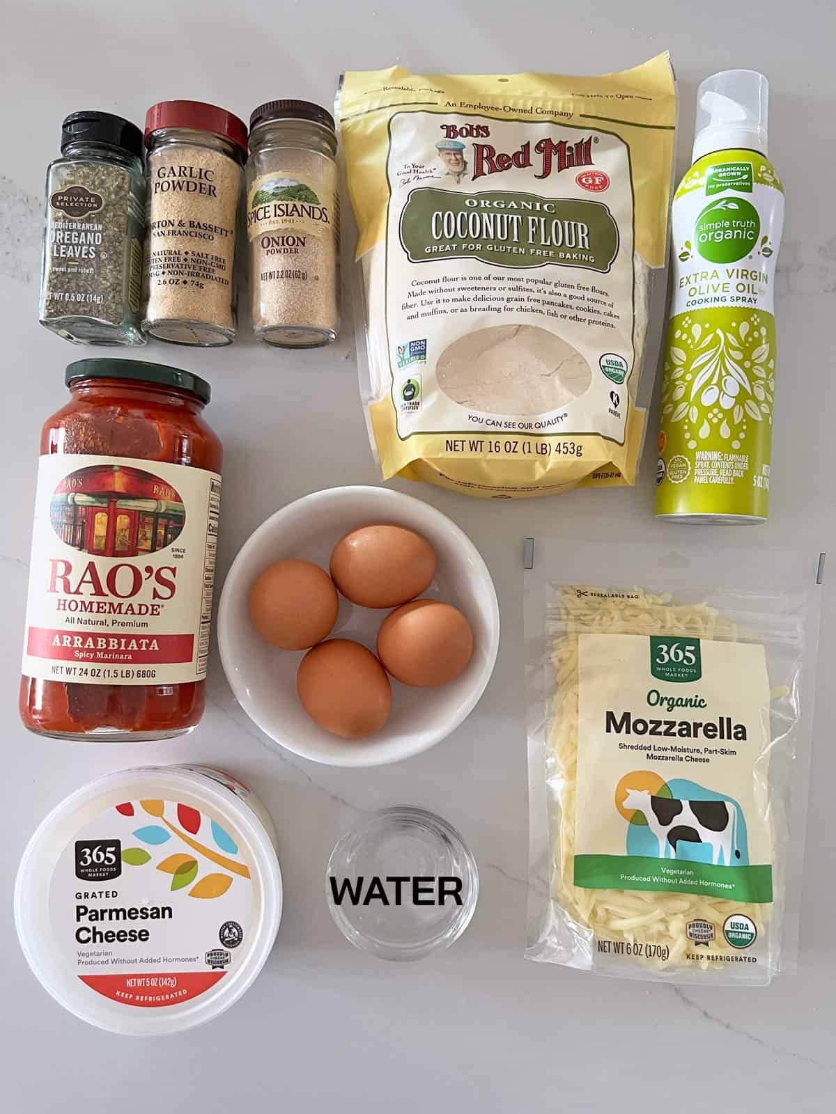 The ingredients needed to make a coconut flour pizza crust.