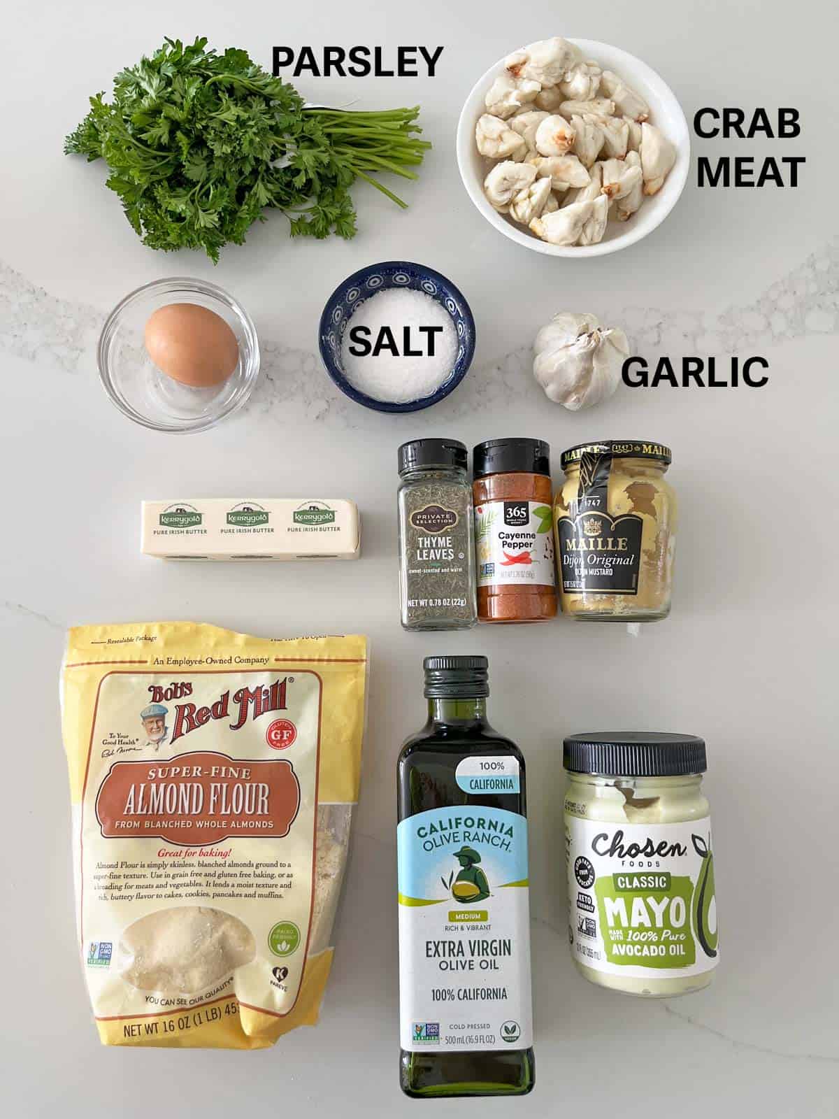 The ingredients needed for keto crab cakes.