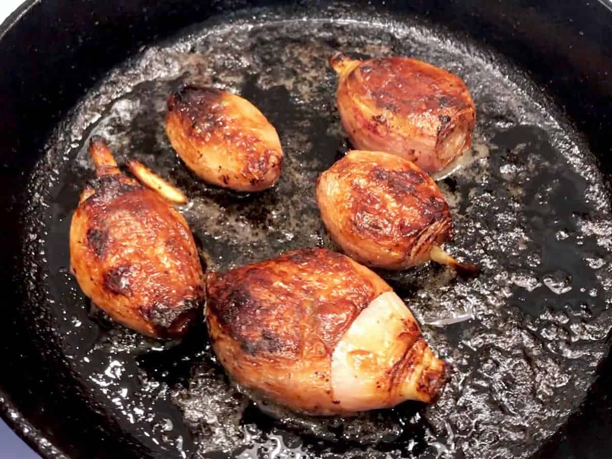 The shallots are ready in the skillet.
