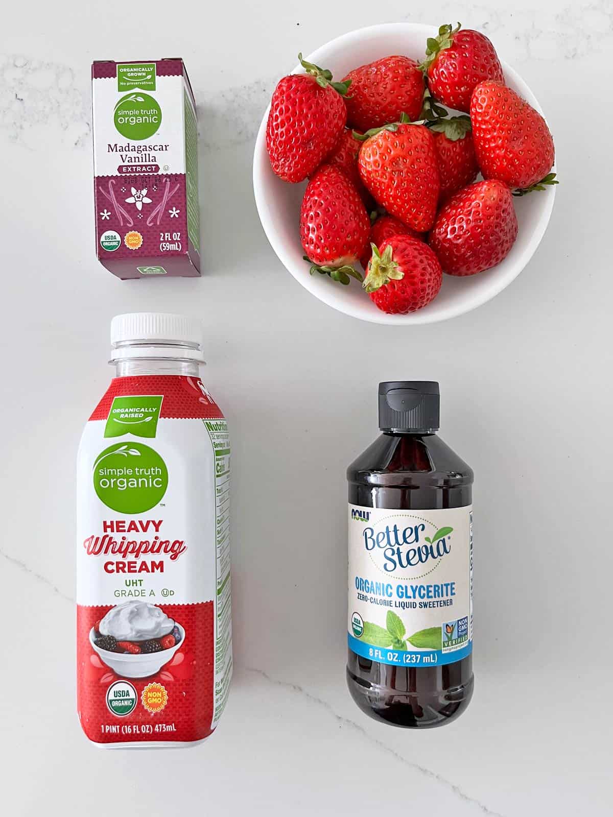 The ingredients needed to make the filling layer of keto strawberry shortcake.
