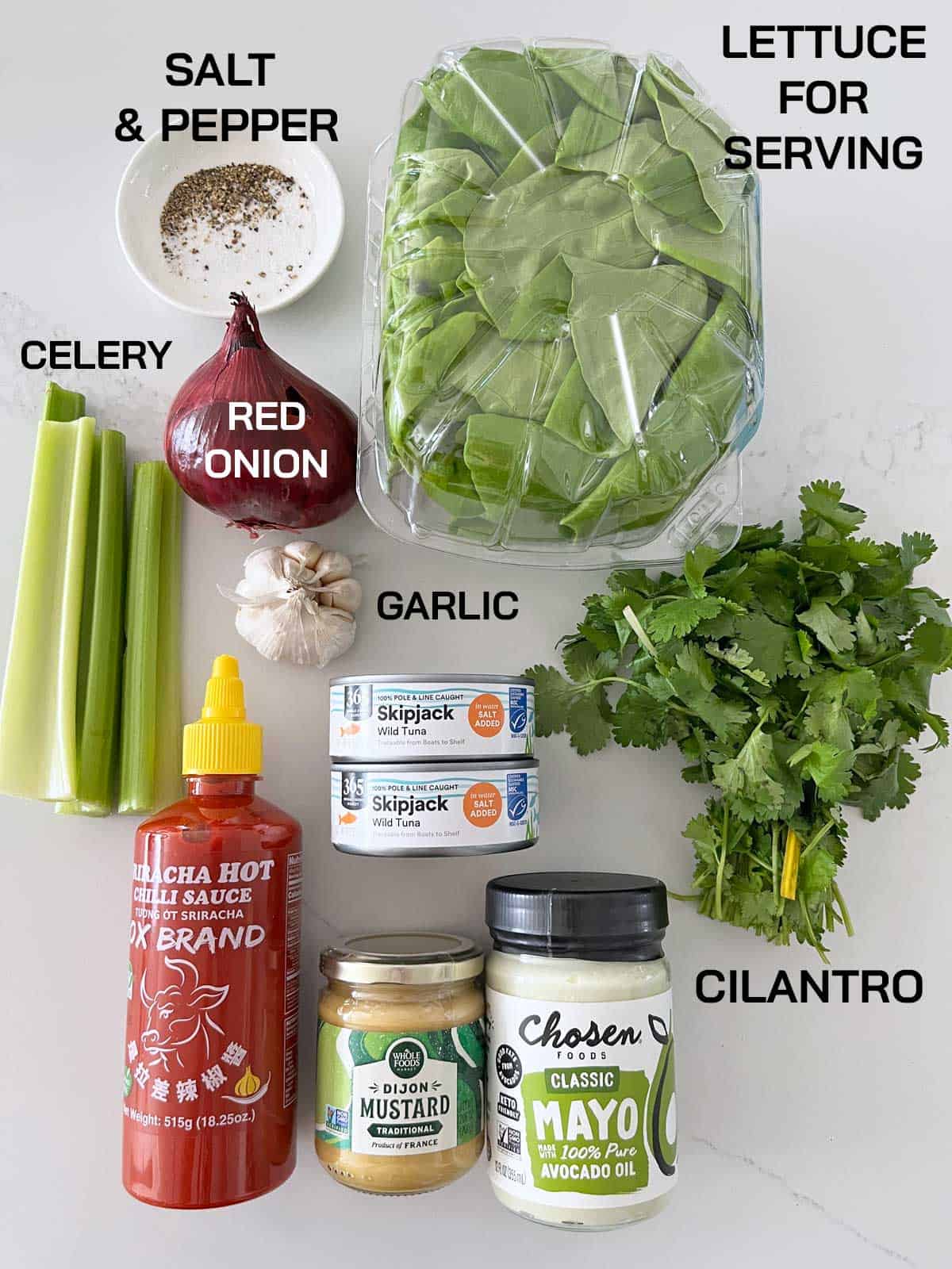 The ingredients needed for tuna salad.