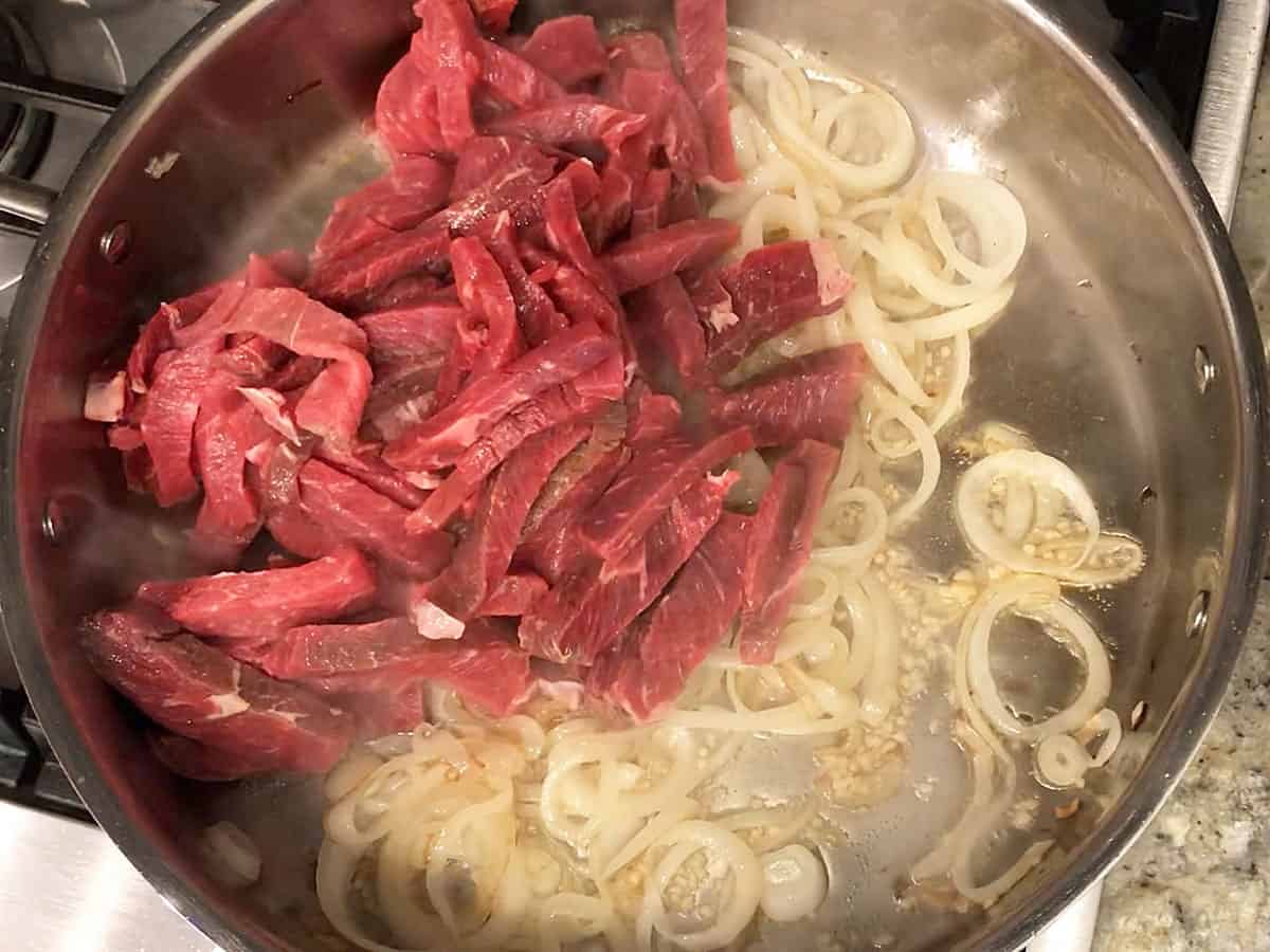 The beef was added to the skillet.