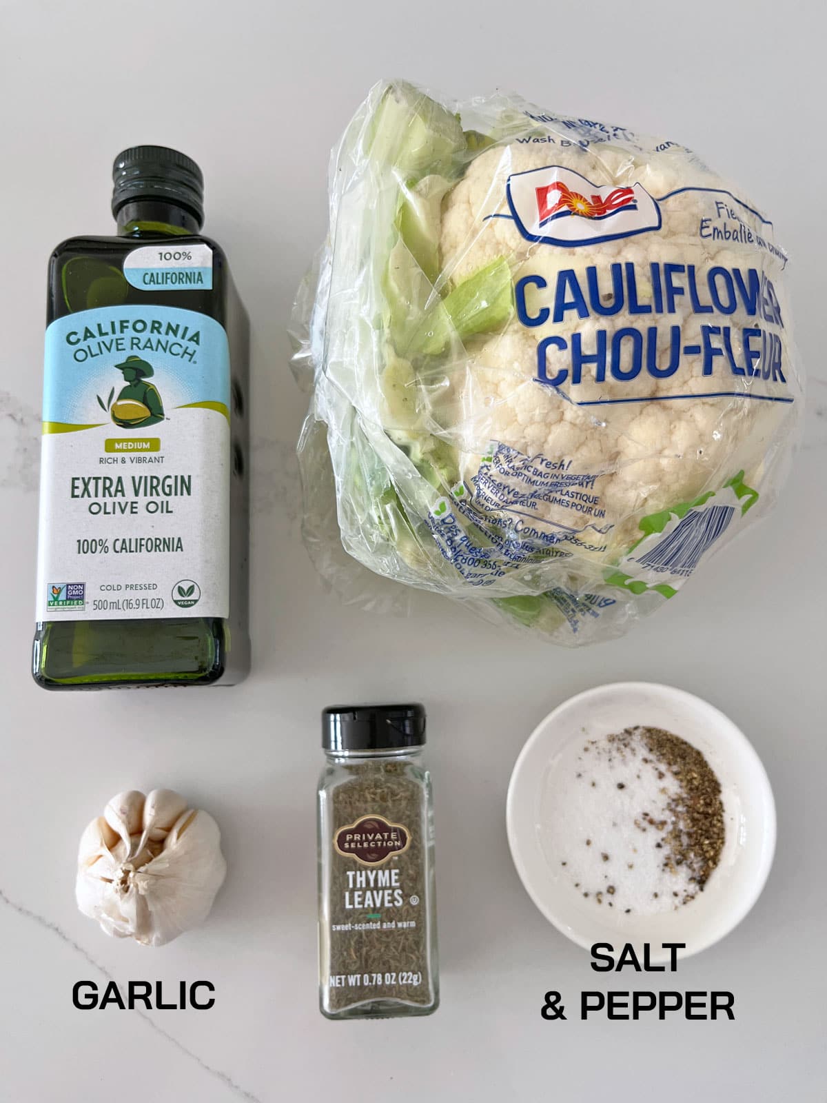 The ingredients needed to saute cauliflower.