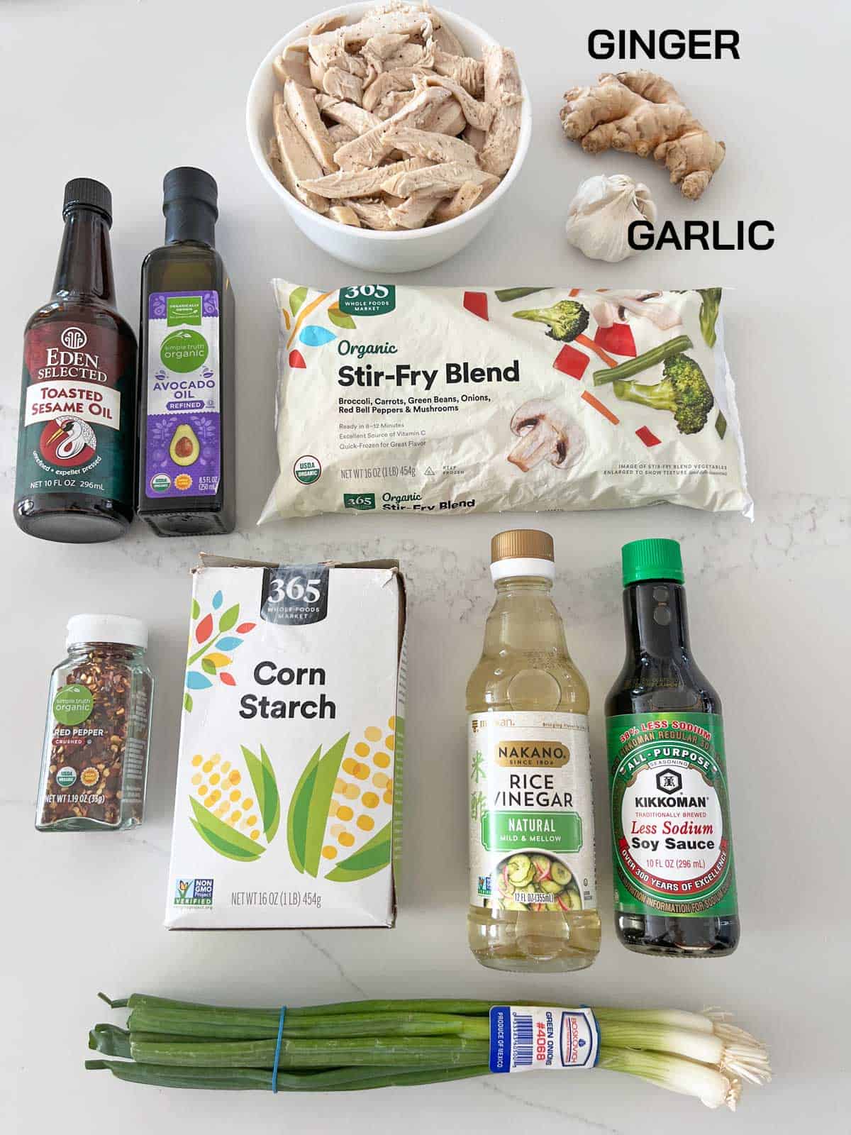 The ingredients needed to make a turkey stir fry.