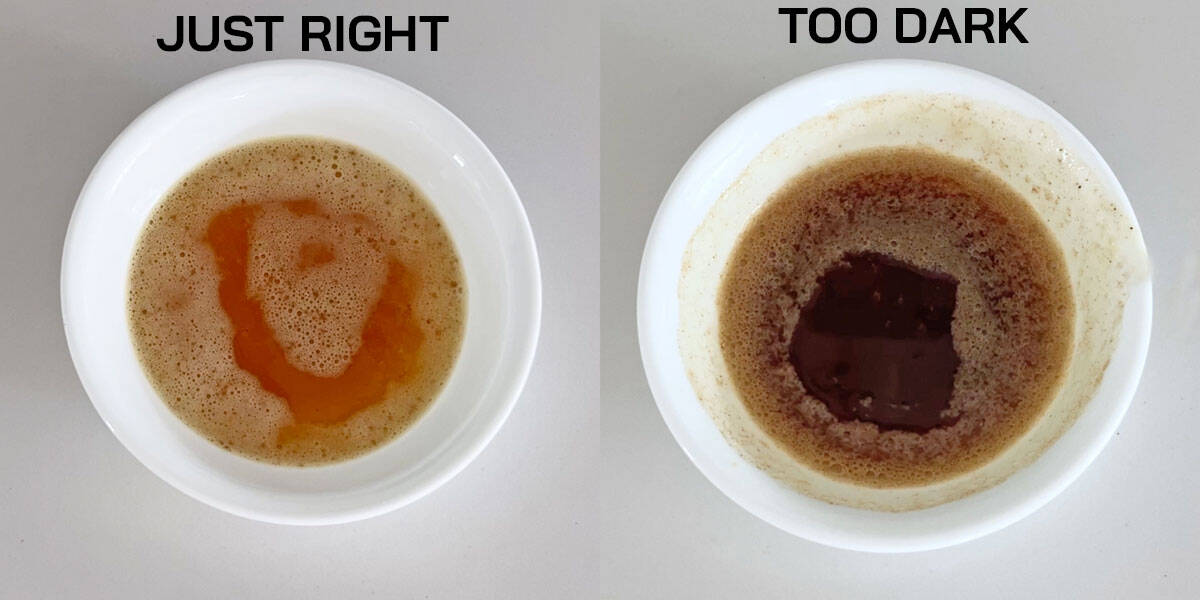 Two photos showing brown butter - just right and too dark.