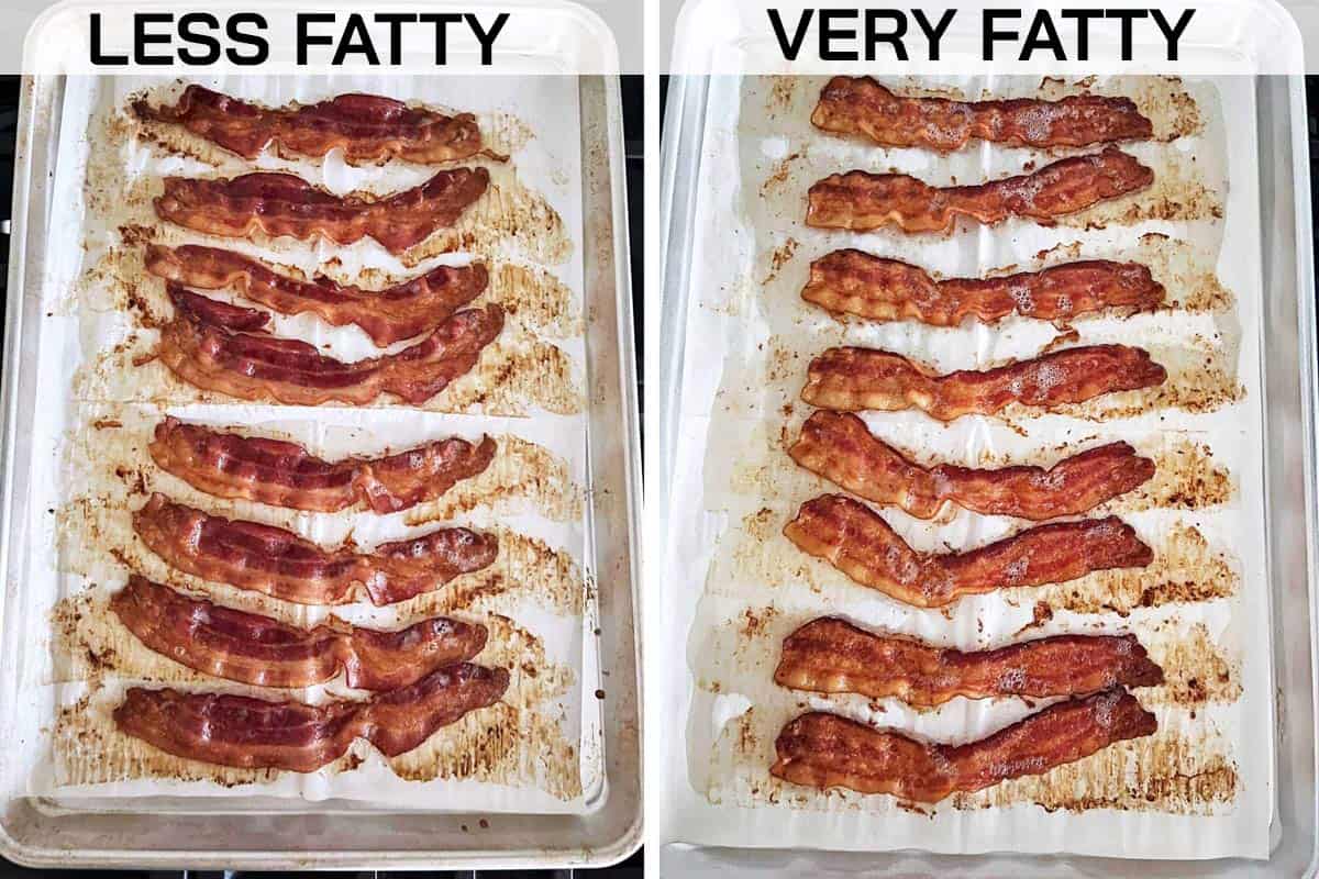 A comparison between fatty and lean bacon. The fatty bacon is crispier.