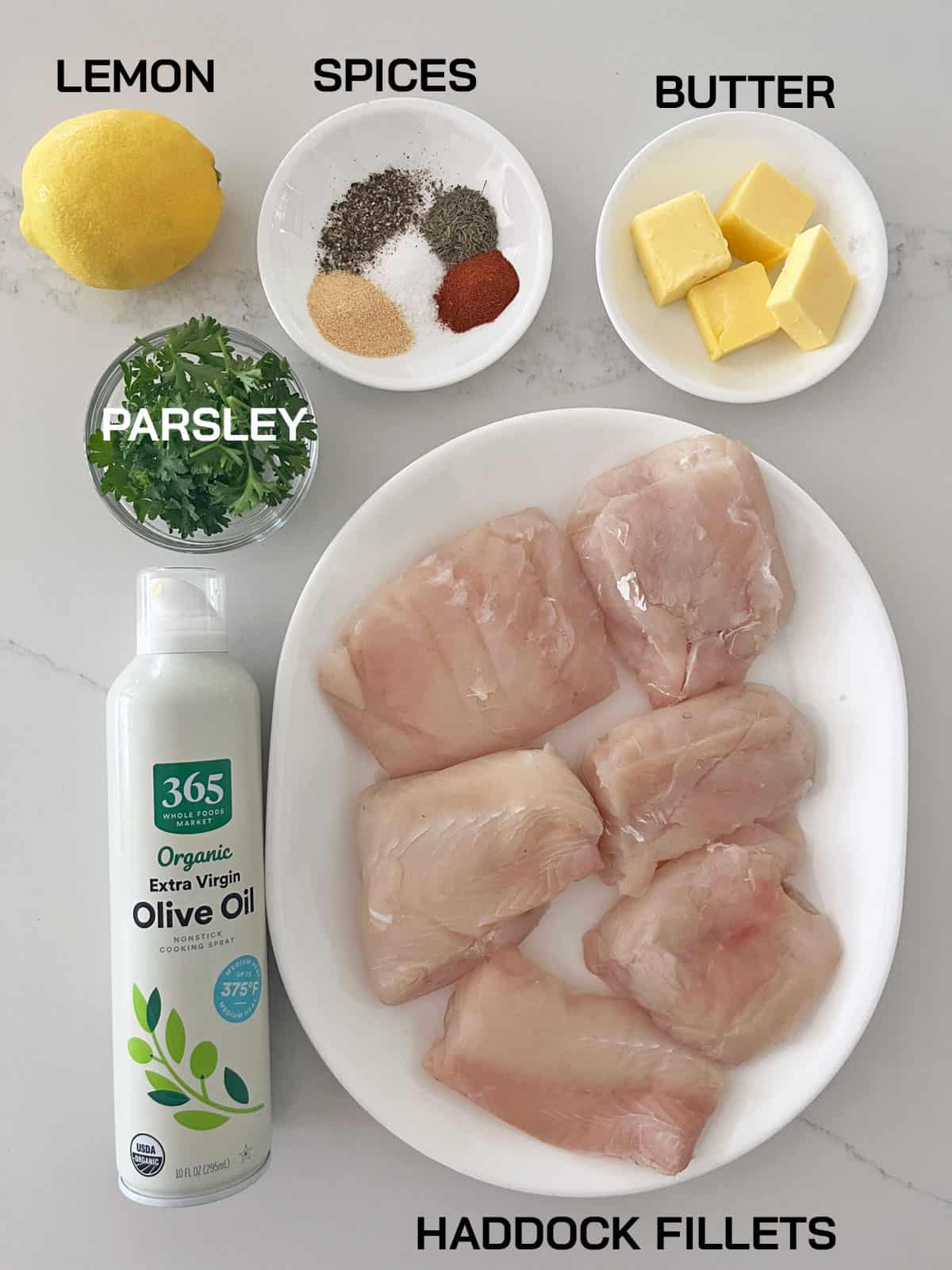 The ingredients needed to bake white fish.