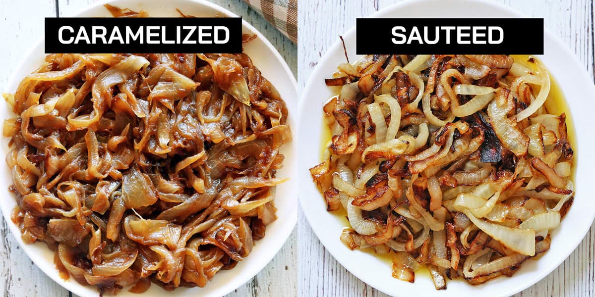 A two-photo collage comparing caramelized and sauteed onions.
