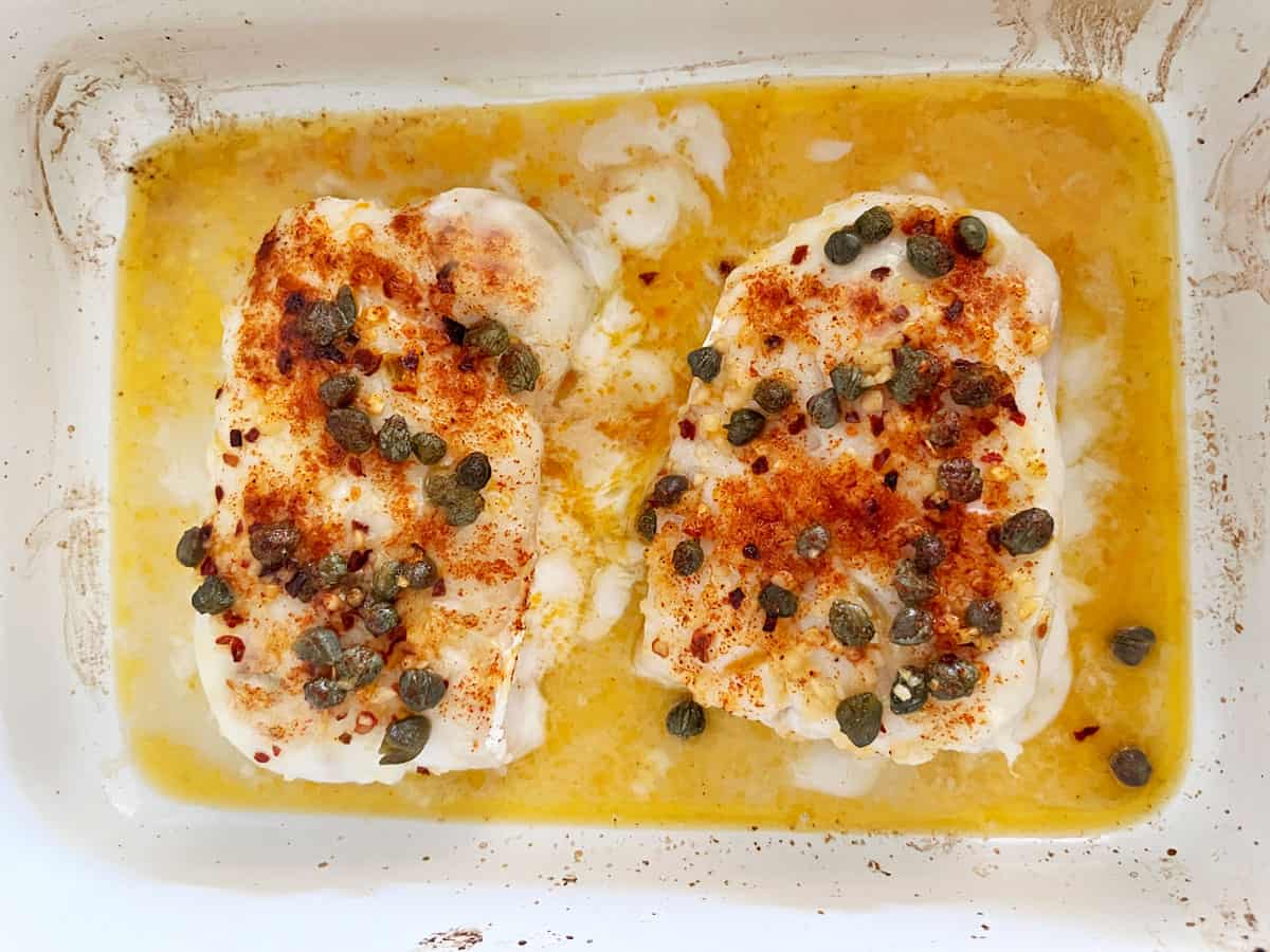 The cod is ready in the pan.