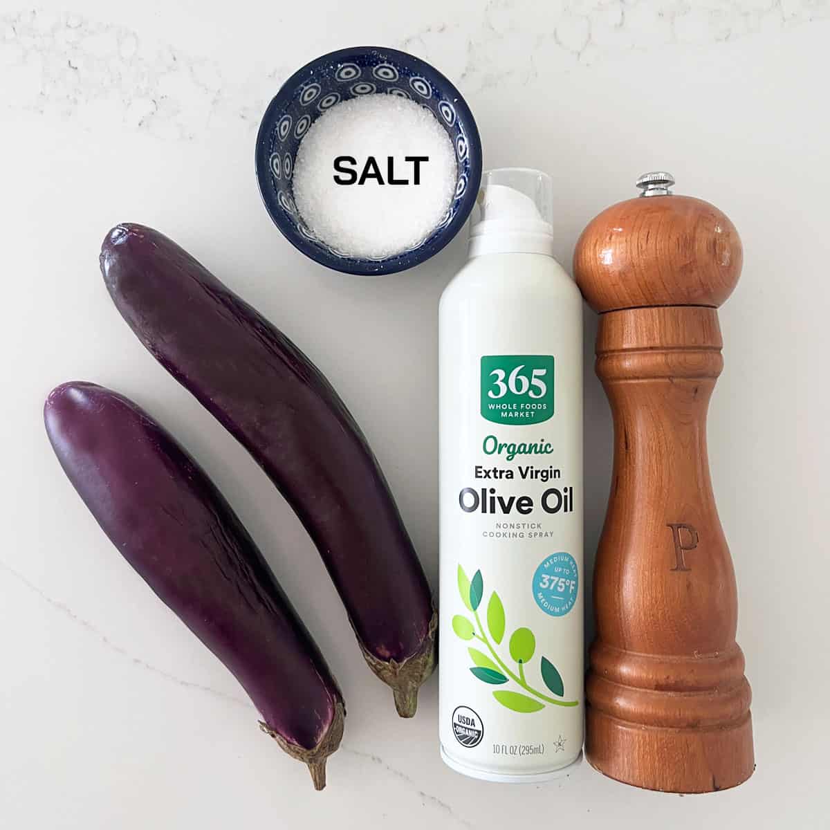 The ingredients needed to make eggplant chips.