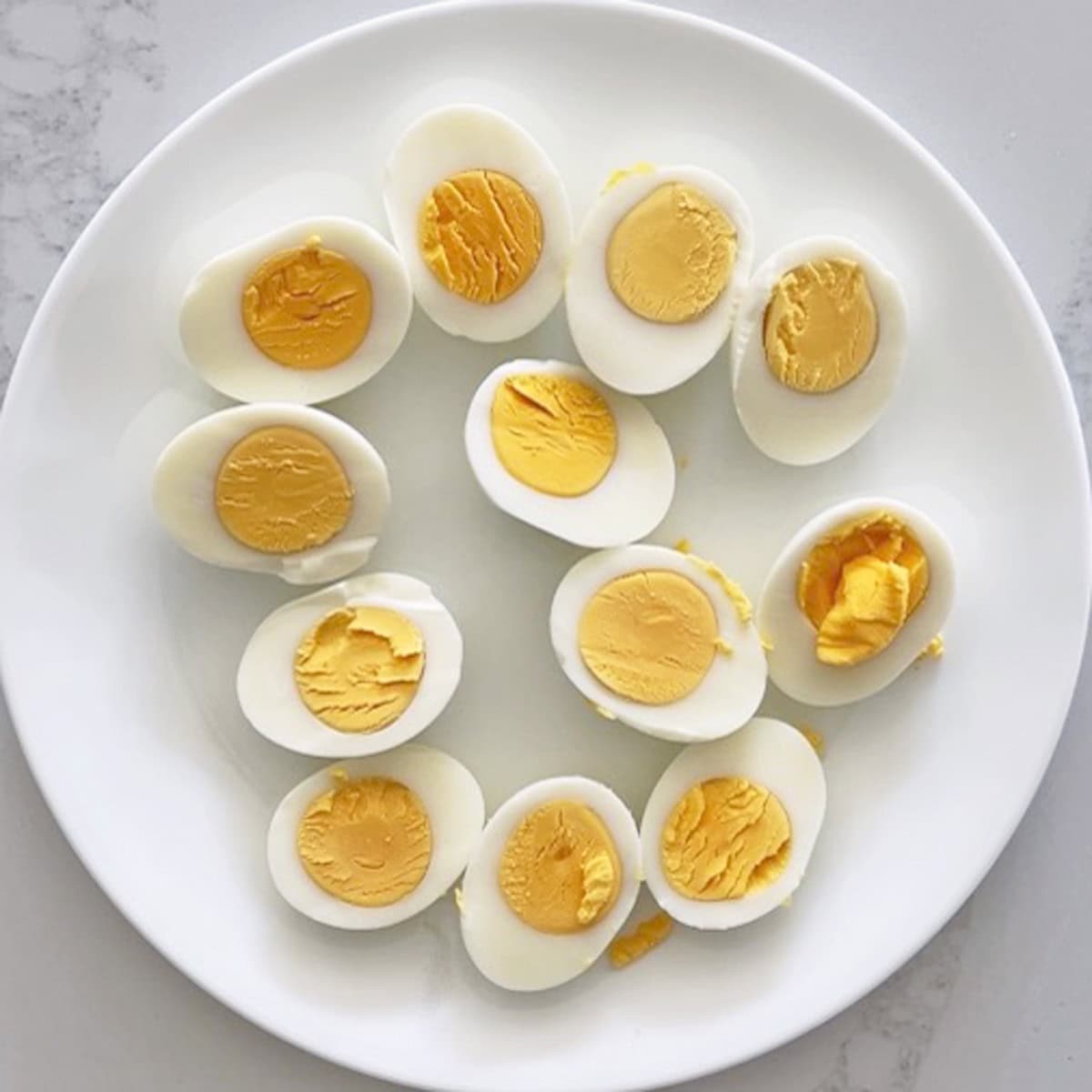 Hard-boiled eggs that are well-cooked and are suitable for deviled eggs.