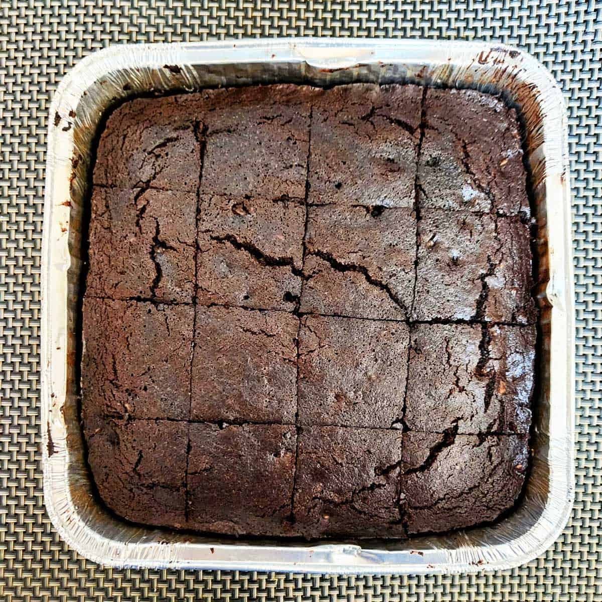 Keto brownies in an aluminum pan.