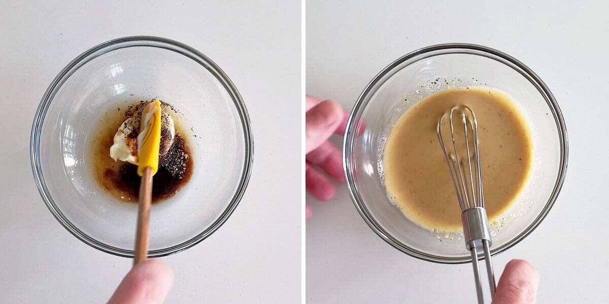 A two-photo collage showing mixing the dressing with a spatula and then with a whisk.