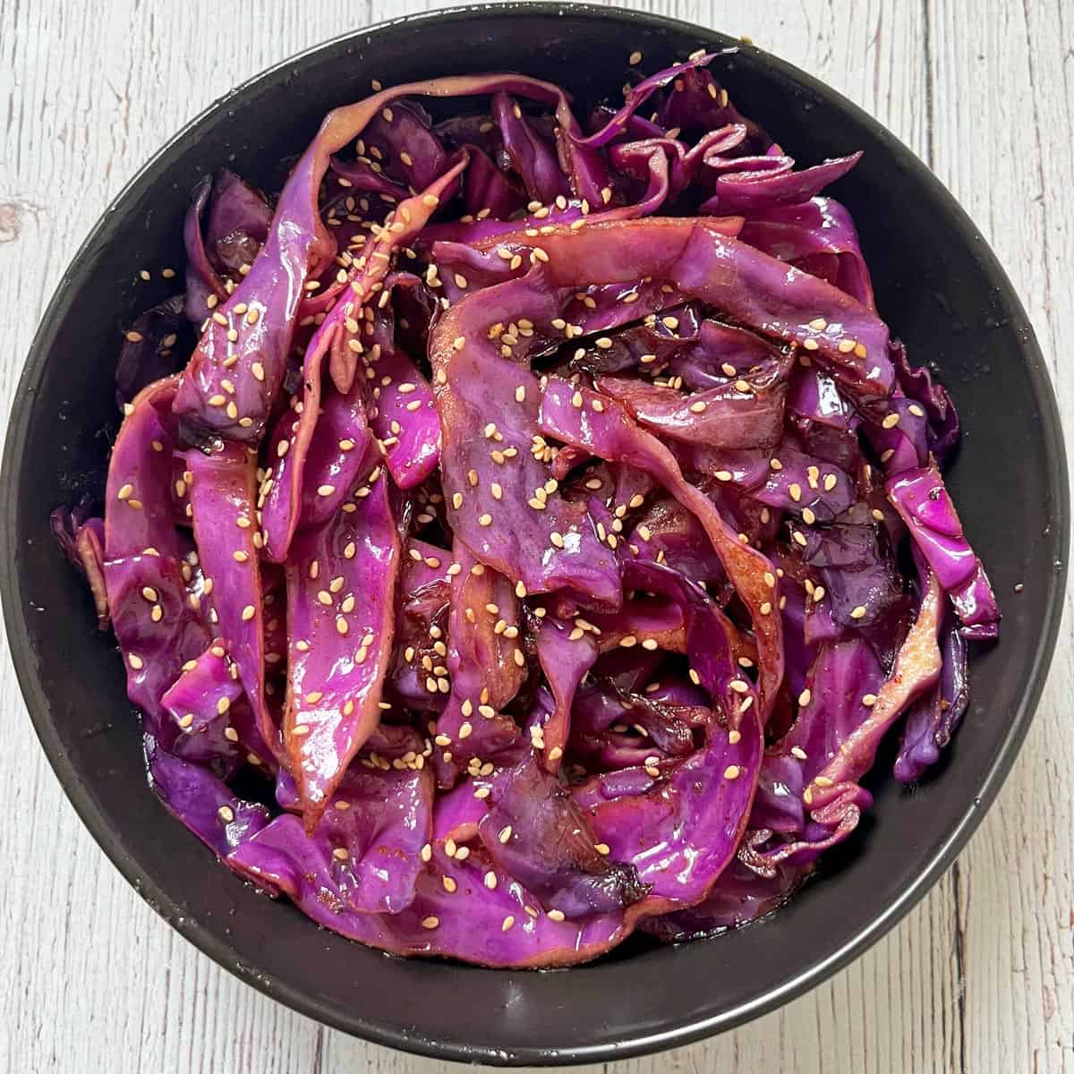 A cabbage stir-fry made with red cabbage.