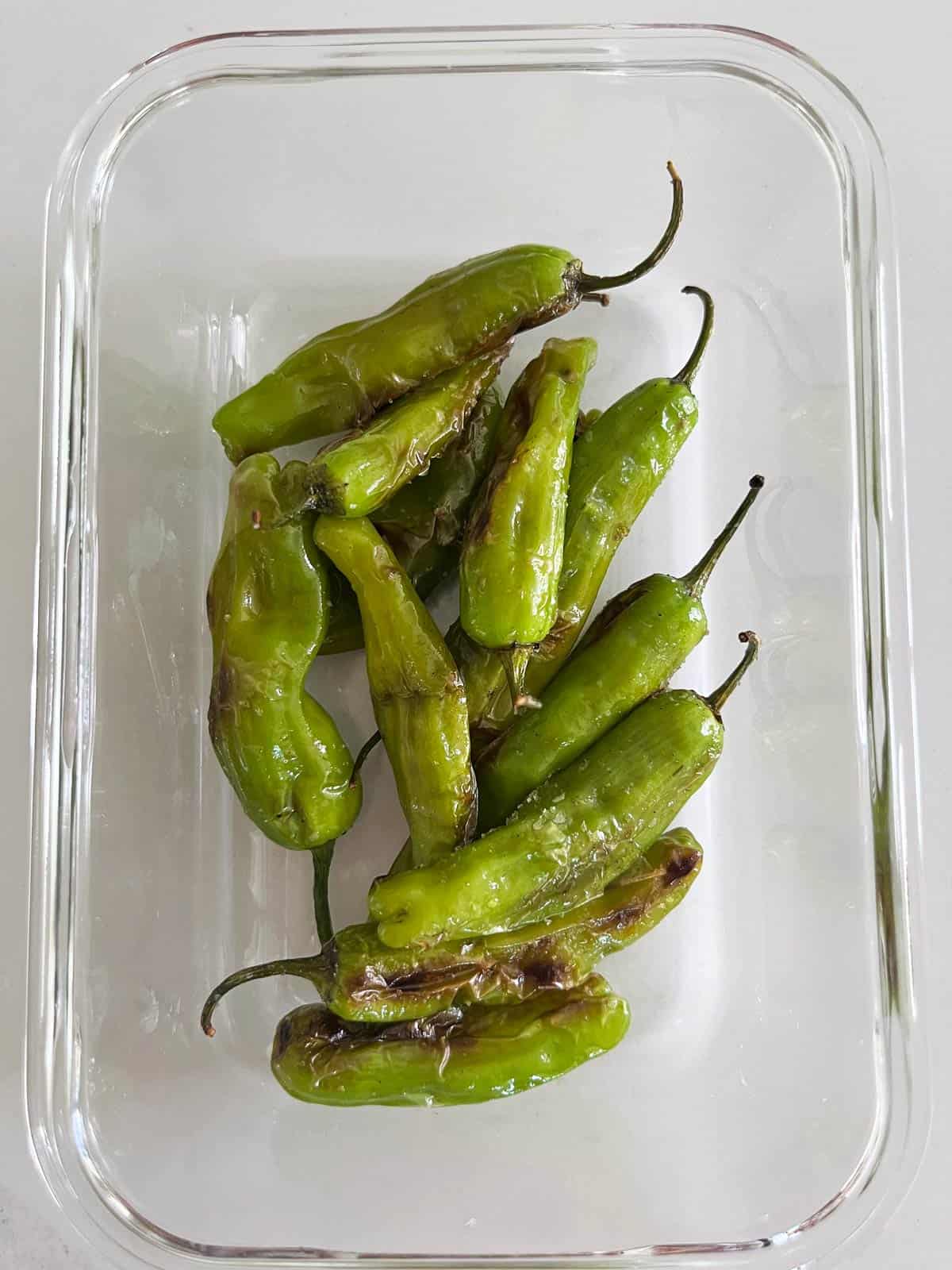 Leftover shishito peppers in a food storage container.
