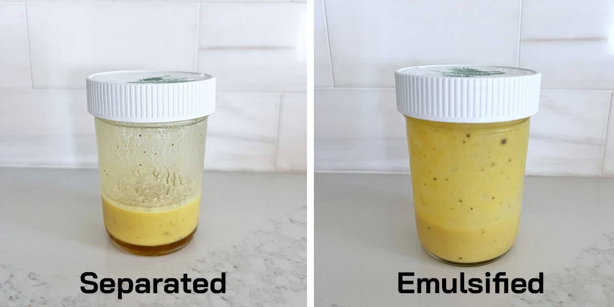 A two-photo collage showing the vinaigrette in a jar, separated after being stored and then re-emulsified.