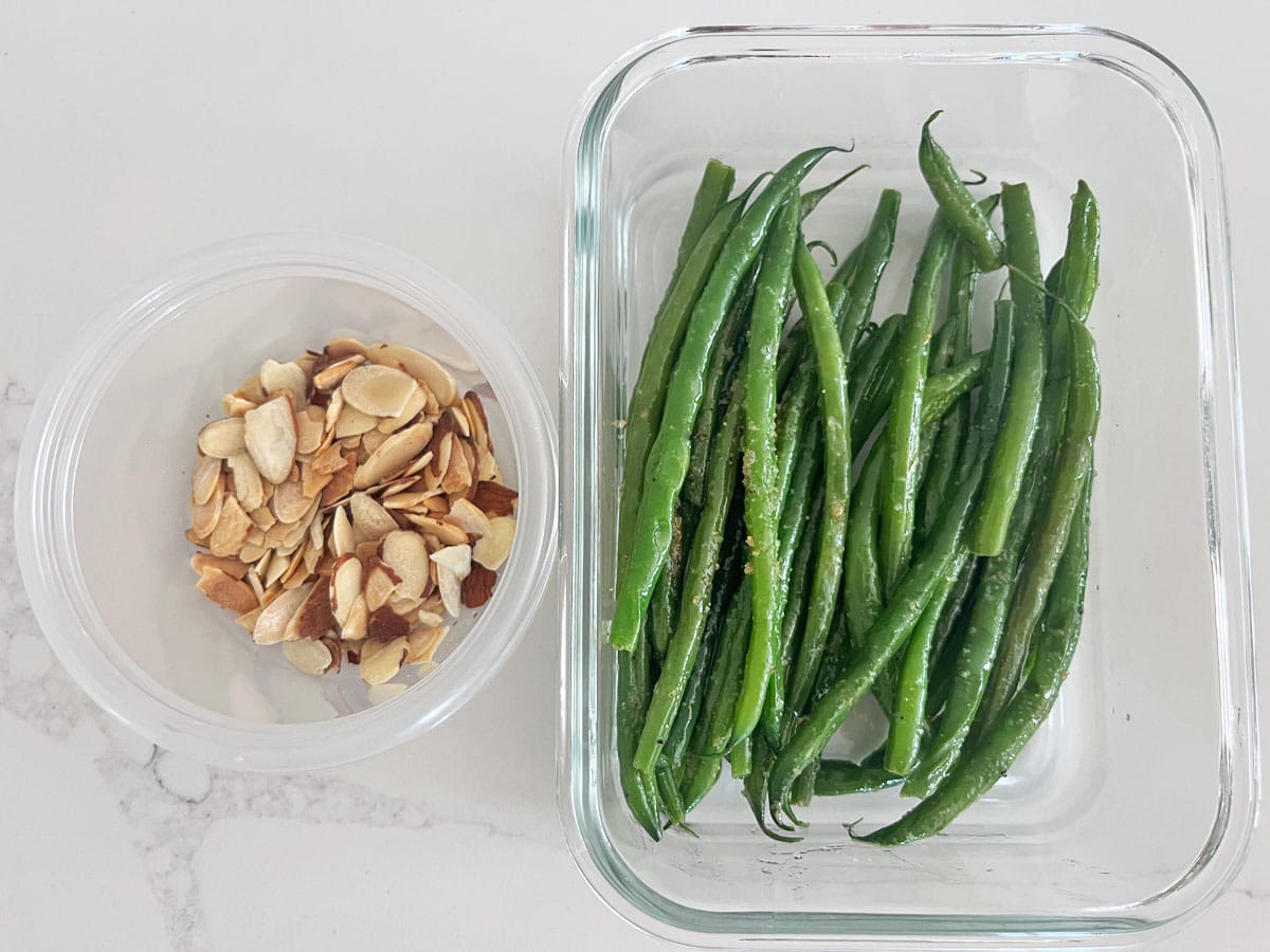 How to save leftovers of green beans almondine - save the almonds and the beans separately.