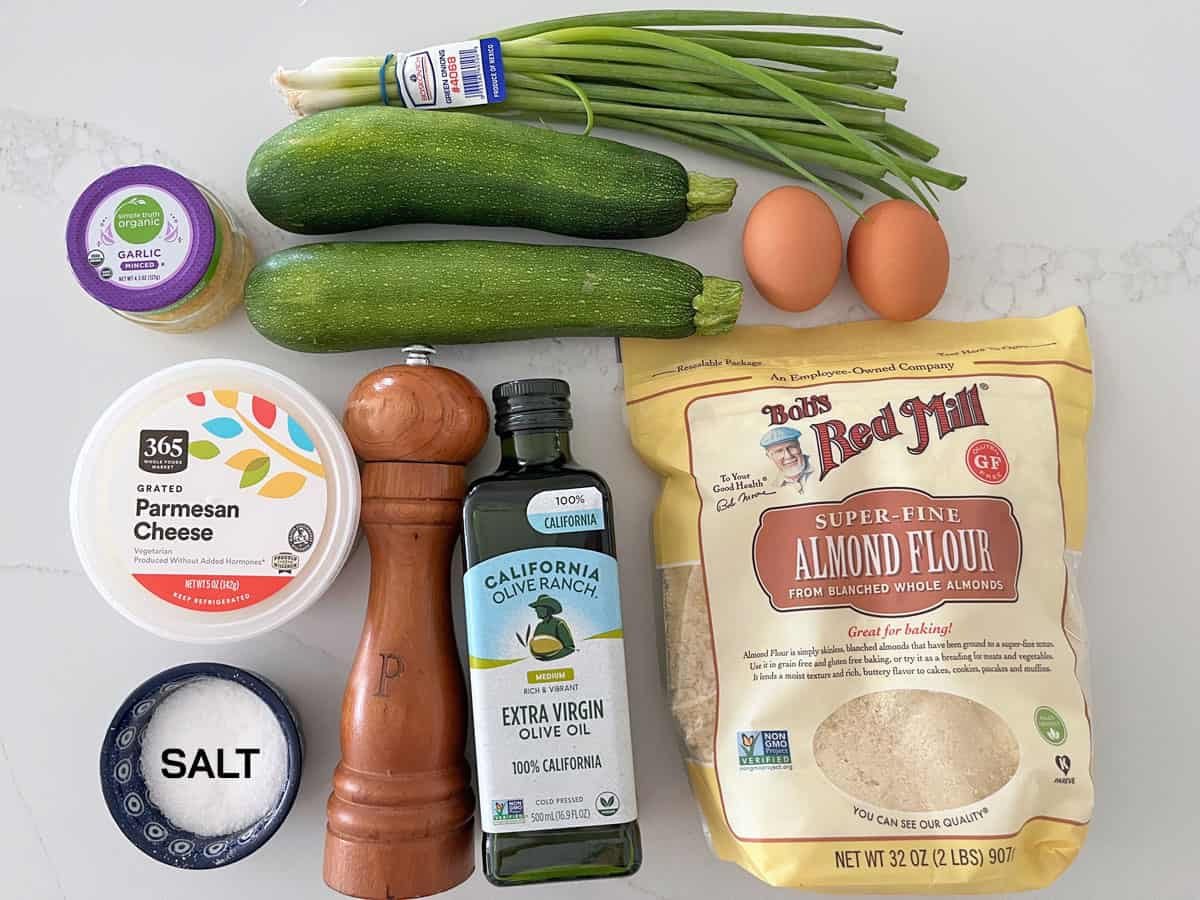 The ingredients needed to make zucchini fritters.