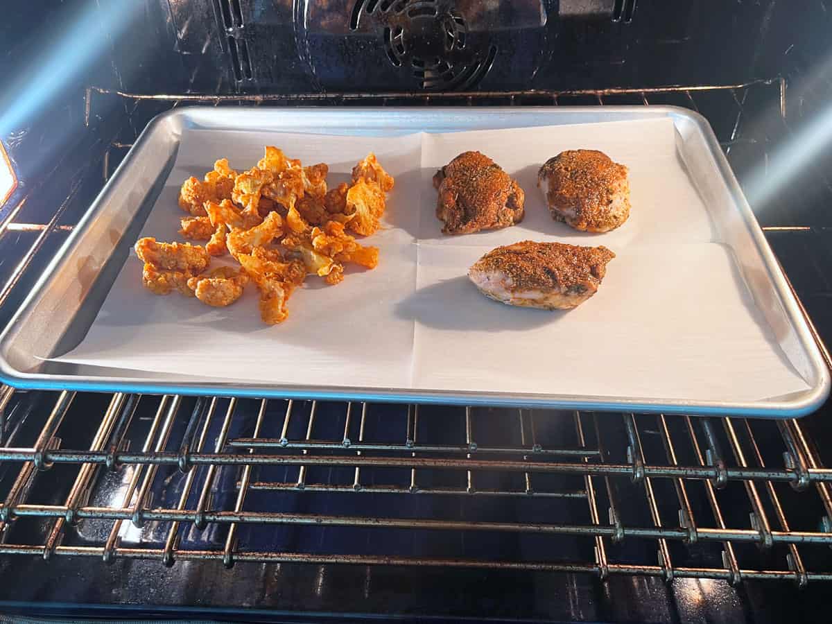 Reheating leftover Cajun chicken and buffalo cauliflower.