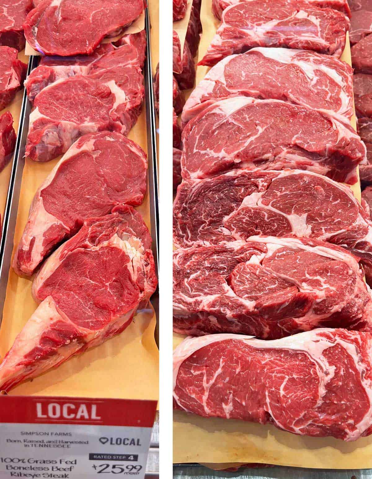 A comparison between grass-fed and grain-fed ribeyes.