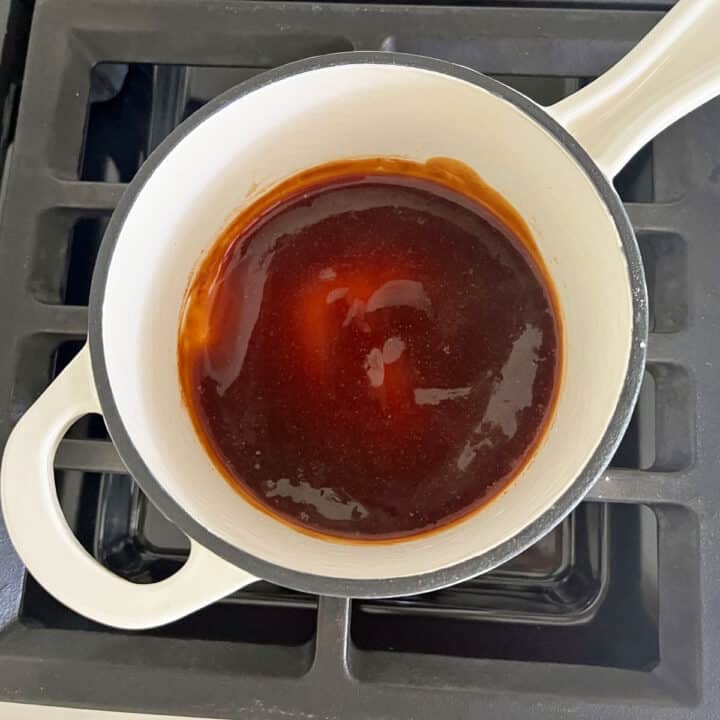The teriyaki sauce is ready and thickened in the saucepan.