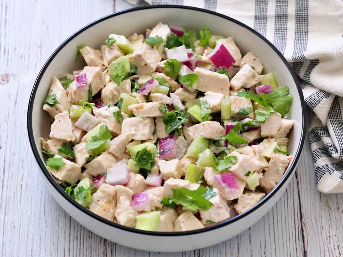 Turkey salad is served in a bowl.