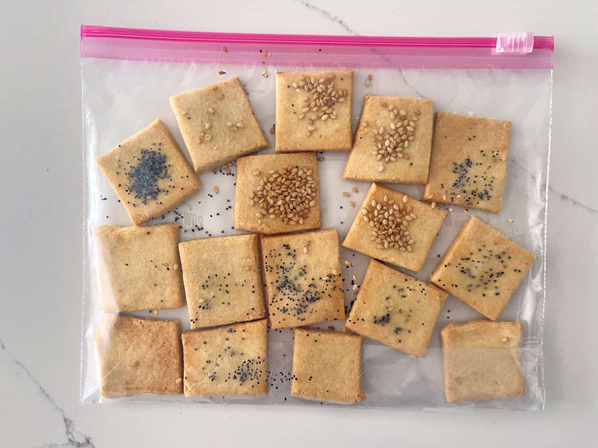 Frozen almond flour crackers in a Ziploc bag.