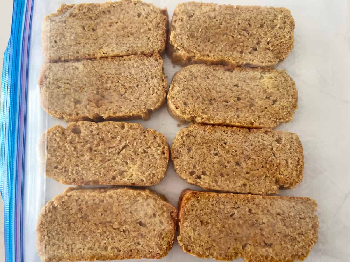 The sliced bread is stored in a freezer bag.