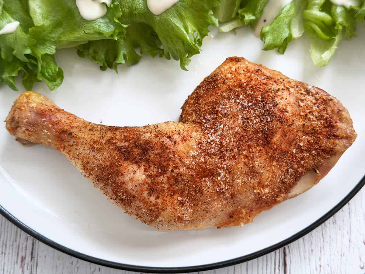 Crispy-skinned chicken leg quarters made with no oil.