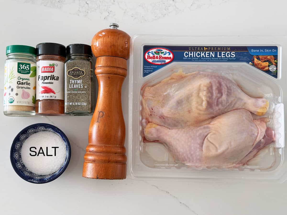 The ingredients needed to bake chicken leg quarters.