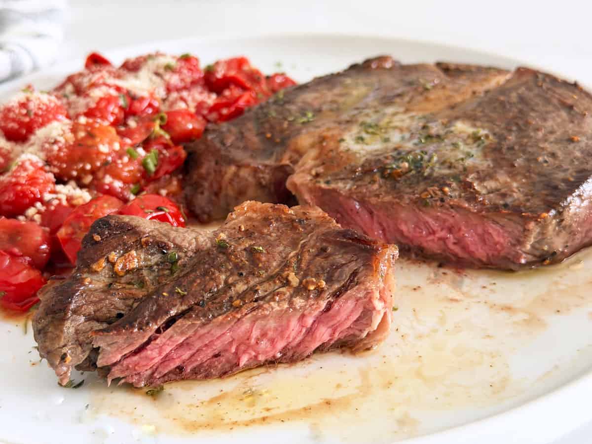 Chuck eye steak was cooked to medium-rare.