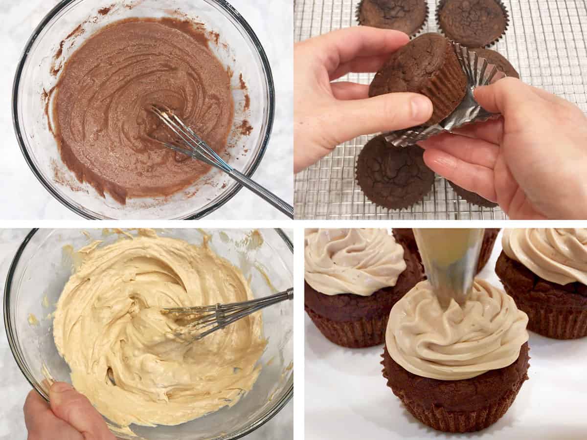 A 4-photo collage showing some of the steps for making keto cupcakes (the chocolate version).